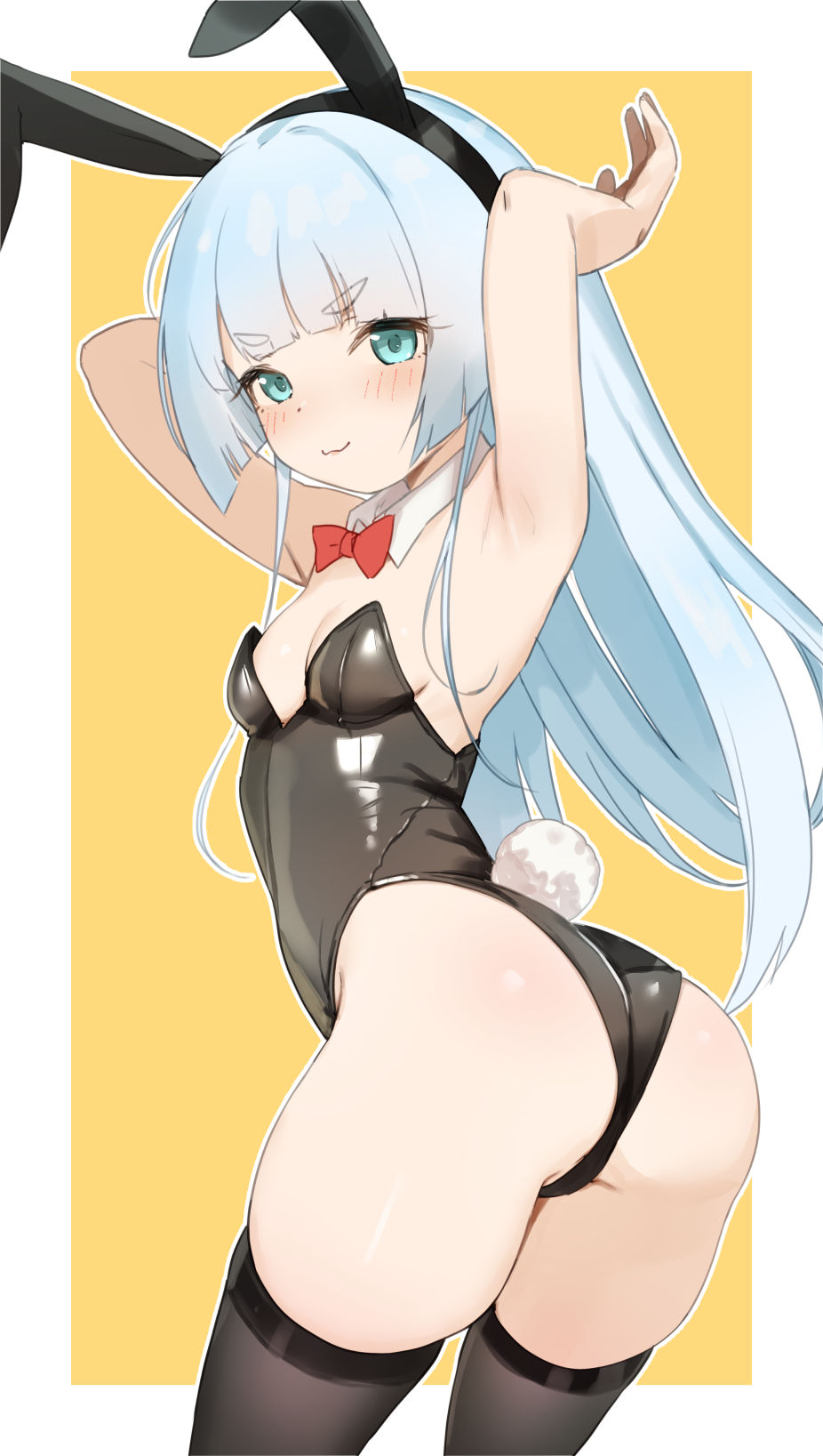 1girl :3 animal_ear_hairband animal_ears aqua_eyes armpits arms_up ass black_hairband black_leotard black_thighhighs blue_hair blunt_bangs blush border bow bowtie breasts commentary_request commission cowboy_shot detached_collar fake_animal_ears flower_knight_girl from_side hairband hatsuyukisou_(flower_knight_girl) highres leotard light_blue_hair long_hair looking_at_viewer outside_border playboy_bunny rabbit_tail red_bow red_bowtie sakieko simple_background skeb_commission small_breasts solo standing strapless strapless_leotard tail thighhighs thighs turning_head white_border yellow_background