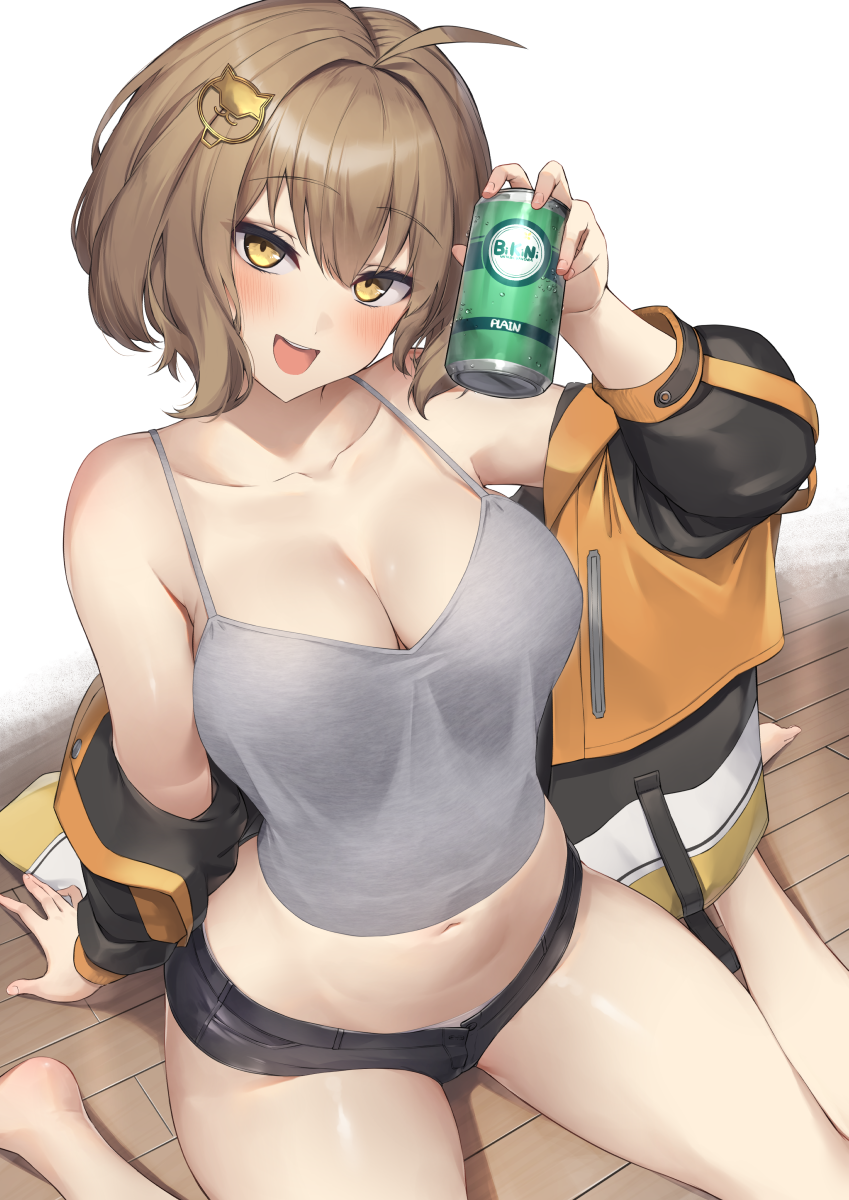 1girl ahoge anis_(nikke) barefoot blush breasts brown_eyes brown_hair can cleavage collarbone drink_can goddess_of_victory:_nikke hair_ornament highres jacket large_breasts looking_at_viewer navel open_mouth pinta_(ayashii_bochi) short_hair sitting smile soda_can solo wariza