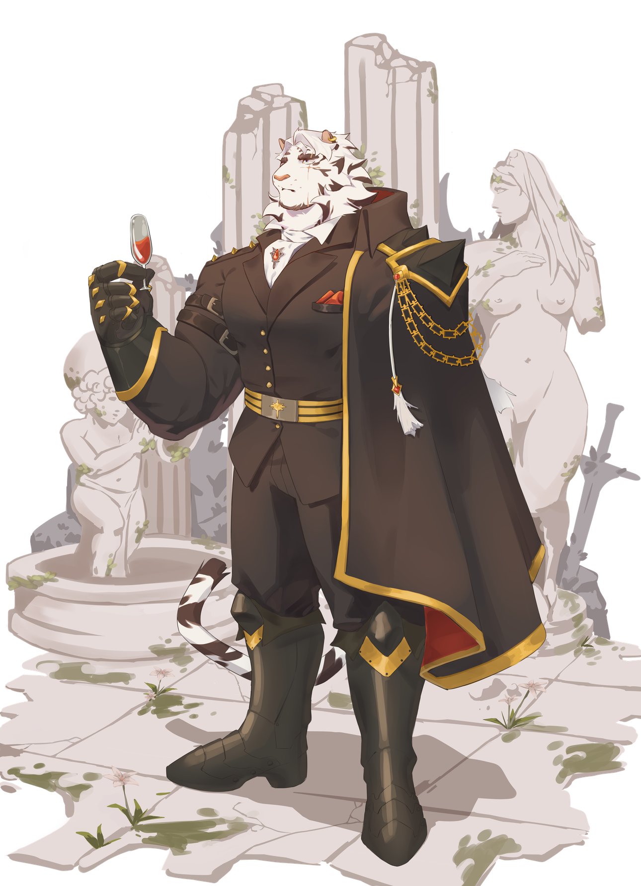 alcohol anthro arknights beverage black_clothing black_suit boots bottomwear cape chivess clothing container cup drinking_glass felid footwear glass glass_container glass_cup hi_res hypergryph kemono male mammal mountain_(arknights) muscular pantherine pants pecs ruins scar sculpture serious_face shirt simple_background standing statue studio_montagne suit tank_top tiger topwear weapon white_body wine wine_glass