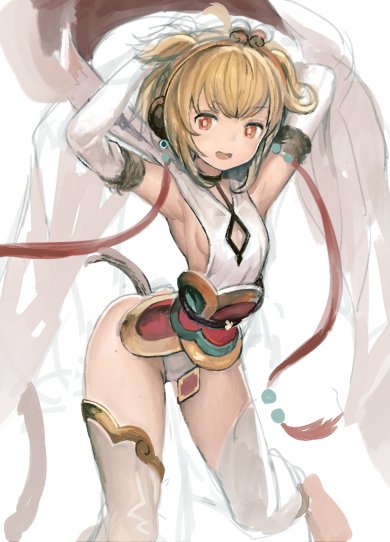 :d ahoge andira_(granblue_fantasy) animal_ears arched_back armpits arms_behind_head ass bangs barefoot beads blonde_hair breasts choker cleavage_cutout detached_sleeves ear_piercing erune fur_trim granblue_fantasy hair_flaps hairband legs_apart leotard looking_at_viewer monkey_ears monkey_tail obi open_mouth organ_derwald piercing red_eyes sash see-through shawl sideboob simple_background sketch skinny small_breasts smile solo standing tail tassel thighhighs toeless_legwear white_background white_legwear white_leotard wide_sleeves