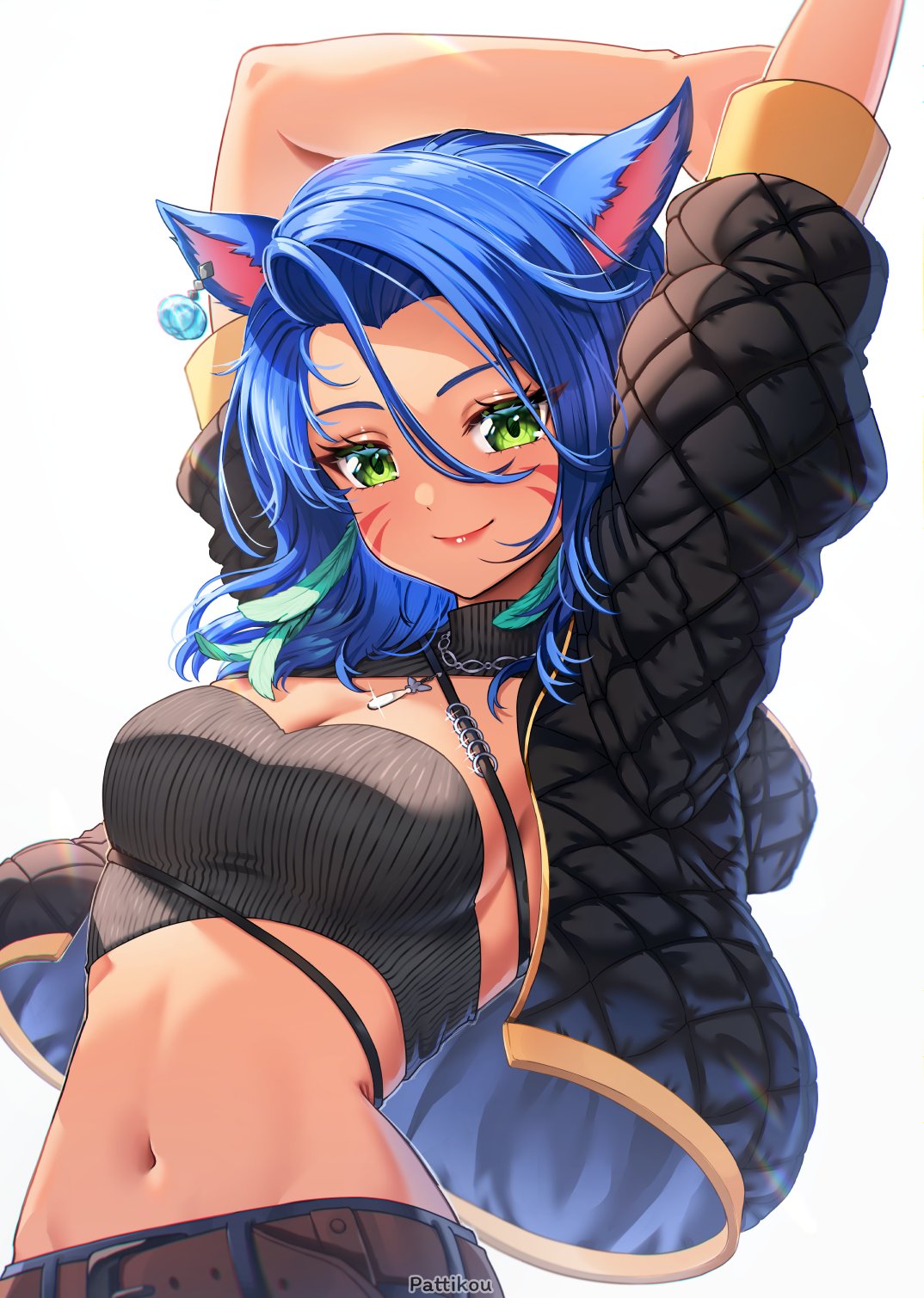1girl animal_ears arms_up belt black_jacket blue_hair breasts brown_belt cat_ears character_request cleavage commentary crop_top facial_mark final_fantasy final_fantasy_xiv green_eyes hair_between_eyes highres jacket looking_at_viewer medium_breasts medium_hair midriff miqo'te navel open_clothes open_jacket pattikou pink_lips short_sleeves smile solo stomach upper_body whisker_markings