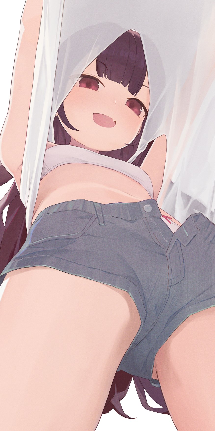 1girl :d arms_up bra clothes_lift copyright_request fang flat_chest grey_shorts highres hiroki_(yyqw7151) lifted_by_self long_hair looking_at_viewer open_fly open_mouth panties red_eyes shirt shirt_lift shorts simple_background skin_fang smile solo thighs underwear upshirt very_long_hair white_background white_bra white_panties white_shirt