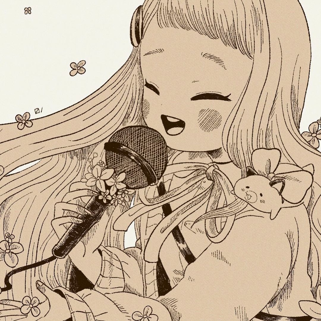 1girl animal_on_shoulder artist_name bad_source blush brown_theme cardigan closed_eyes commentary dress_shirt falling_flower floating_hair gonzalez_(machita_chima) hair_ornament hamster holding holding_microphone long_hair long_sleeves machita_chima masuno_(masuno_0) microphone monochrome music neck_ribbon nijisanji open_cardigan open_clothes open_mouth raised_eyebrows ribbon shirt short_bangs shoulder_strap simple_background singing smile solo symbol-only_commentary teeth upper_body upper_teeth_only virtual_youtuber white_background
