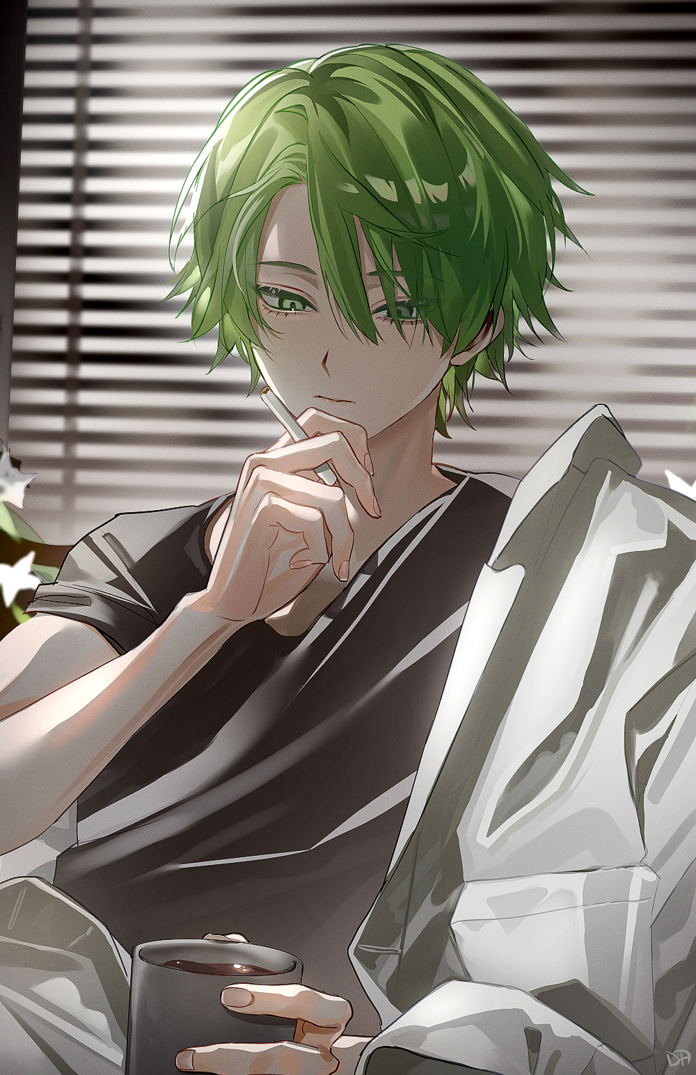 1boy bishounen black_shirt closed_mouth coffee_cup cup daenarys disposable_cup expressionless finger_to_own_chin flower green_eyes green_hair hair_between_eyes hair_over_one_eye highres holding holding_cup indoors jacket lily_(flower) looking_at_viewer male_focus original shirt short_hair signature sitting solo t-shirt upper_body white_flower white_jacket window_blinds