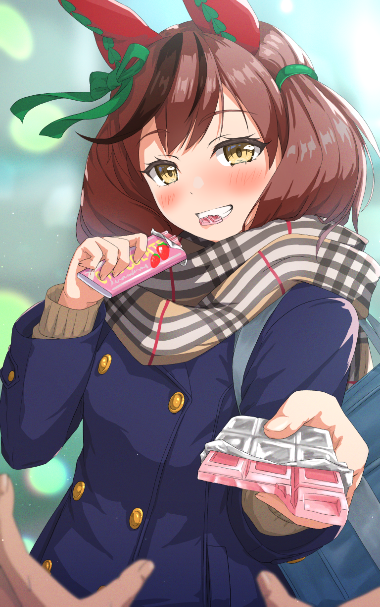 1boy 1girl bag biting blue_coat brown_hair brown_scarf buttons chocolate coat commentary_request double-breasted ear_covers fingernails food gamyuu_(gamyu) grin highres holding holding_food horse_girl incoming_food long_sleeves looking_at_viewer medium_hair multicolored_hair nice_nature_(umamusume) pov pov_hands scarf school_bag smile solo_focus streaked_hair twintails umamusume upper_body valentine yellow_eyes