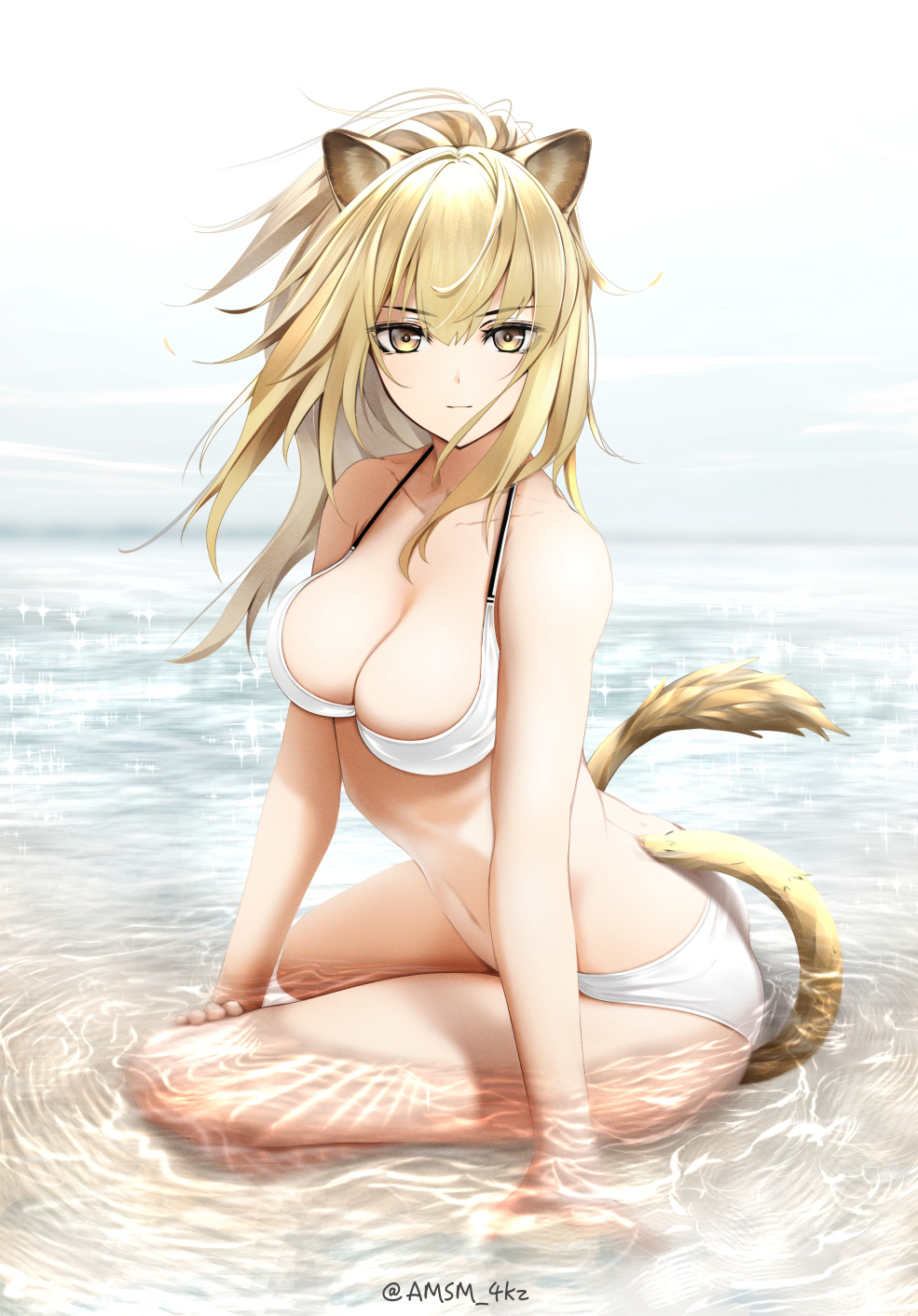 1girl animal_ears arknights breasts brown_hair cleavage collarbone commentary_request highres large_breasts lion_ears lion_girl lion_tail long_hair looking_at_viewer ocean outdoors ponytail seiza siege_(arknights) sitting solo tail twitter_username water white_background white_swimsuit yellow_eyes yokaze_(yokajie)