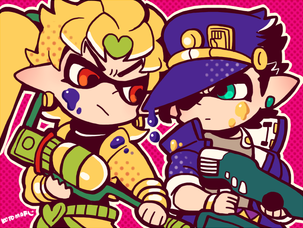 2boys alternate_species black_hair blonde_hair blue_coat blue_headwear chibi chibi_only closed_mouth coat dio_brando green_eyes gun hat_over_one_eye holding holding_gun holding_weapon inkling jacket jet_squelcher_(splatoon) jojo_no_kimyou_na_bouken kotorai kujo_jotaro looking_at_another male_focus multiple_boys no_nose outline paint pink_background pointy_ears red_eyes short_hair signature splat_roller_(splatoon) splatoon_(series) upper_body v-shaped_eyebrows weapon white_outline yellow_jacket