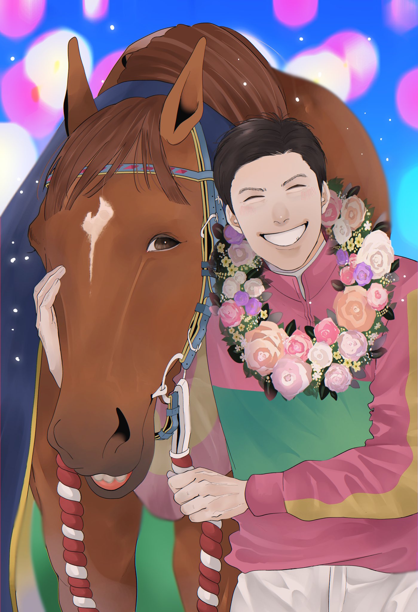 1boy akiyama1107 black_hair bridle closed_eyes commentary_request flower flower_request garland_(decoration) grin headpat highres holding horse jockey long_sleeves looking_at_viewer real_life short_hair smile t.m._opera_o_(racehorse) upper_body very_short_hair wada_ryuji
