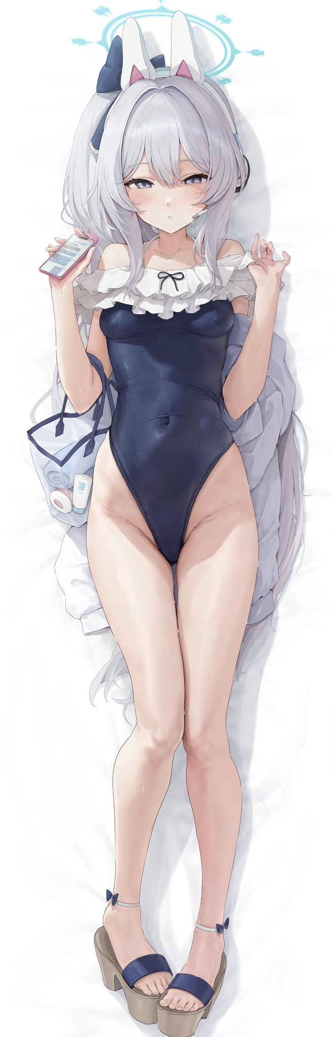 1girl akita_hika bare_shoulders blue_archive blue_halo blue_one-piece_swimsuit blush breasts covered_navel covered_nipples feet full_body grey_eyes halo highleg highleg_swimsuit highres holding holding_phone long_hair looking_at_viewer miyako_(blue_archive) miyako_(swimsuit)_(blue_archive) off-shoulder_one-piece_swimsuit off_shoulder official_alternate_costume one-piece_swimsuit phone simple_background small_breasts solo swimsuit thighs toes unworn_headwear very_long_hair white_background white_hair