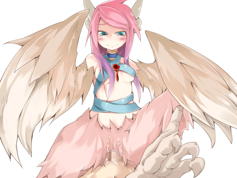 1boy 1girl bird_legs blush breasts brown_feathers brown_wings censored cum earrings feather_hair feathered_wings feathers frfr game_cg gradient_hair harpy hetero jewelry looking_at_viewer mon-musu_quest! monster_girl mosaic_censoring multicolored_hair non-web_source penis pink_feathers pink_hair pov purple_hair reina_(mon-musu_quest!) sex small_breasts smile winged_arms wings