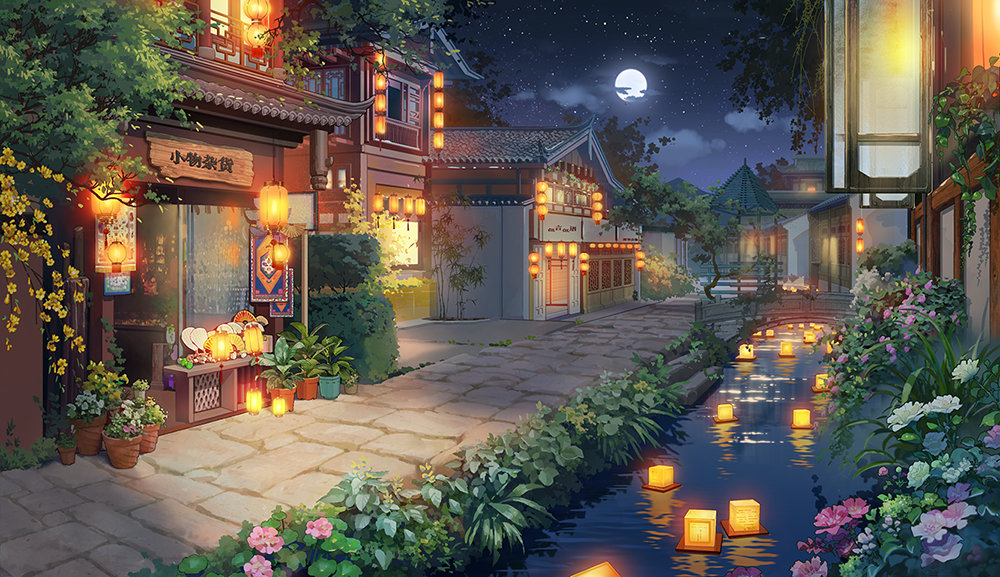 architecture bridge building bush cloud east_asian_architecture flower folding_fan foliage full_moon grass hand_fan hanxiaodan house lantern lantern_on_liquid lovebrush_chronicles moon night no_humans official_art outdoors paper_lantern pavement pink_flower plant potted_plant river riverbank scenery shop sky star_(sky) starry_sky town tree weibo_logo weibo_username white_flower