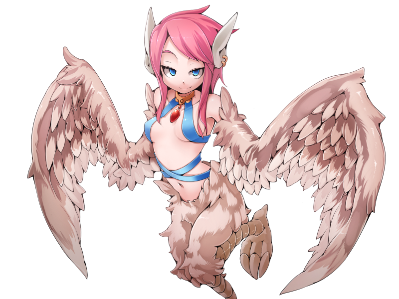 1girl bird_legs blue_eyes blush breasts brown_feathers brown_wings choker earrings feather_hair feathered_wings feathers frfr game_cg half-closed_eyes harpy jewelry looking_at_viewer mon-musu_quest! monster_girl multicolored_hair navel non-web_source pendant_choker pink_hair reina_(mon-musu_quest!) short_hair_with_long_locks sidelocks small_breasts smile solo talons transparent_background winged_arms wings
