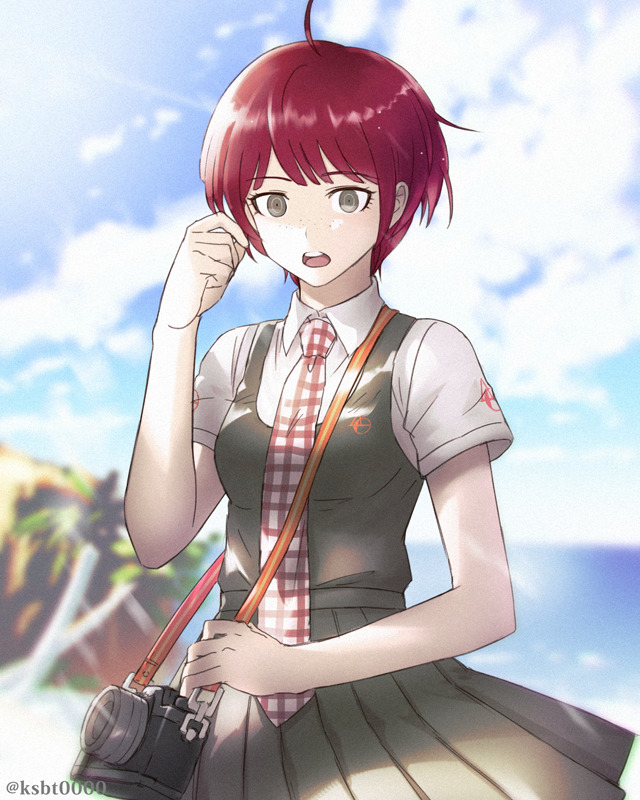 1girl :o ahoge bad_id bad_twitter_id beach blue_sky blurry blurry_background breasts brown_eyes camera cloud cloudy_sky collared_shirt cowboy_shot danganronpa_(series) danganronpa_2:_goodbye_despair day dress dress_shirt dslr eyelashes freckles gingham_necktie green_dress hajime_(gitoriokawaii) hand_to_head holding holding_camera horizon koizumi_mahiru light_rays looking_at_viewer messy_hair necktie ocean open_mouth outdoors palm_tree pinafore_dress playing_with_own_hair pleated_dress red_hair red_necktie ringed_eyes school_uniform shirt short_hair simple_background sky sleeveless sleeveless_dress small_breasts solo strap sunbeam sunlight tree very_short_hair white_necktie white_shirt wind wind_lift