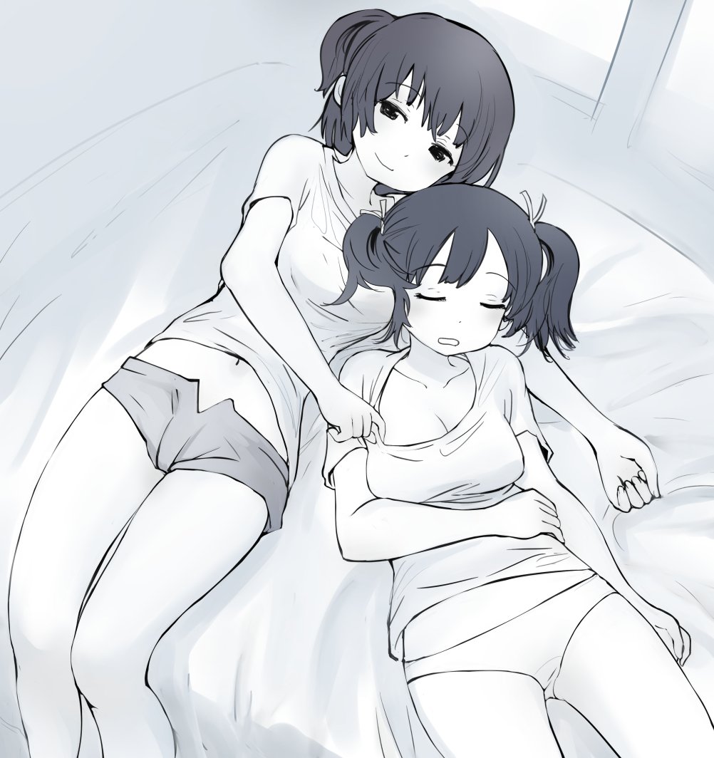 2girls alternate_costume breast_pillow breasts cleavage closed_eyes closed_mouth clothes_pull commentary_request feet_out_of_frame greyscale hair_ribbon half-closed_eyes hand_on_own_stomach hiryuu_(kancolle) kantai_collection kashmir large_breasts light_blush looking_at_viewer lying midriff monochrome multiple_girls navel no_pants on_back on_bed one_side_up open_mouth panties ribbon shirt shirt_pull short_shorts short_sleeves short_twintails shorts sleeping smile souryuu_(kancolle) t-shirt twintails underwear window