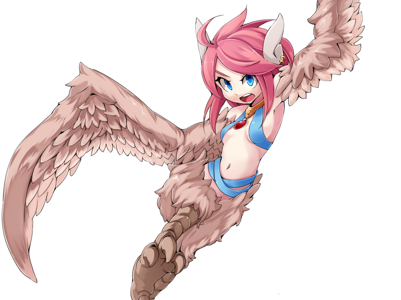 1girl attack bird_legs blue_eyes blush breasts brown_feathers brown_wings choker earrings feather_hair feathered_wings feathers frfr game_cg harpy jewelry looking_at_viewer mon-musu_quest! monster_girl multicolored_hair navel non-web_source open_mouth pendant_choker pink_hair reina_(mon-musu_quest!) short_hair_with_long_locks sidelocks small_breasts solo talons teeth transparent_background upper_teeth_only winged_arms wings