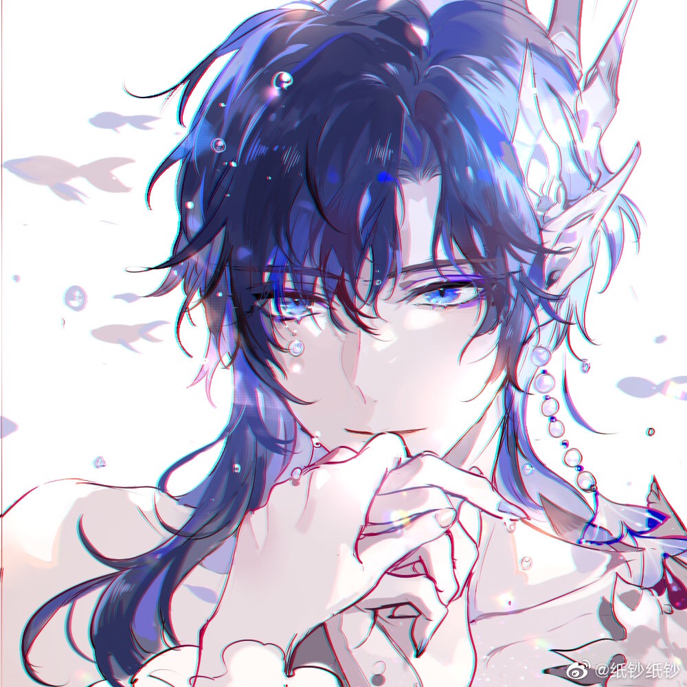 1boy air_bubble blue_eyes blue_hair blue_nails bubble chromatic_aberration clarence_clayden closed_mouth curtained_hair earrings eyeshadow fingernails fish hair_between_eyes hair_ornament heroine_(lovebrush_chronicles) holding_hands jewelry kiss kissing_hand long_hair looking_at_viewer lovebrush_chronicles makeup male_focus mole mole_under_eye nail_polish nevakuma_(fanfanas) orange_nails pearl_earrings pointy_ears portrait pov pov_hands purple_eyeshadow scales sharp_fingernails smile solo topless_male underwater weibo_logo weibo_username white_background