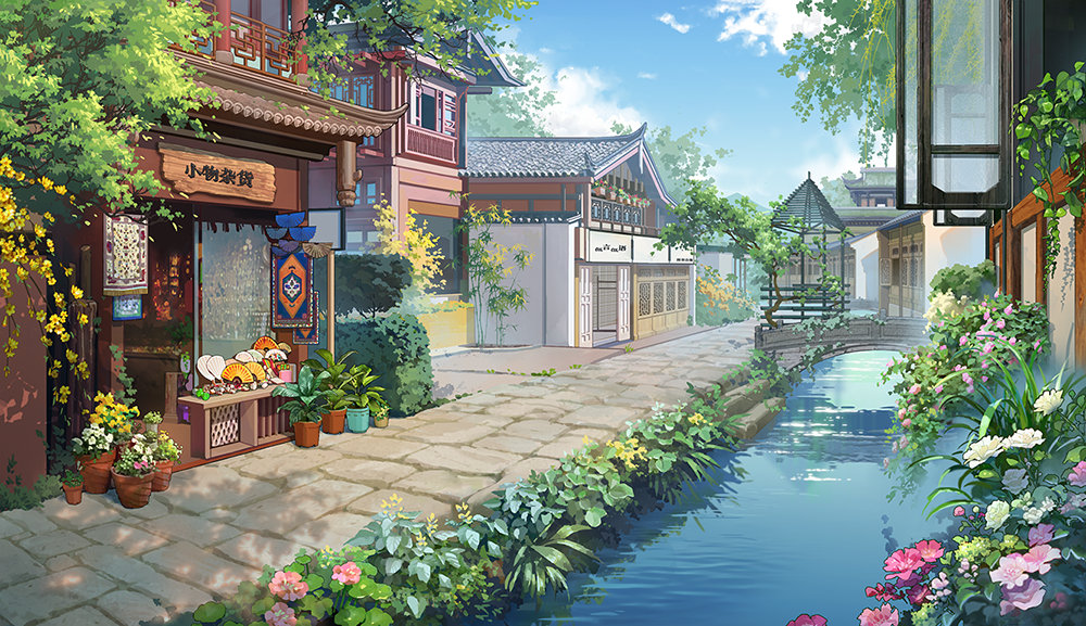 architecture bridge building bush cloud day east_asian_architecture flower folding_fan foliage grass hand_fan hanxiaodan house lovebrush_chronicles no_humans official_art outdoors pavement pink_flower plant potted_plant river riverbank scenery shadow shop town tree white_flower