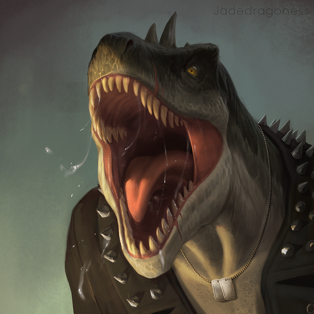 anthro bodily_fluids dinosaur dog_tags jadedragoness male mouth_shot open_mouth reptile rocco_(tallion) saliva saliva_string scales scalie sharp_teeth spikes spikes_(anatomy) teeth theropod tongue tongue_out tyrannosaurid tyrannosaurus tyrannosaurus_rex