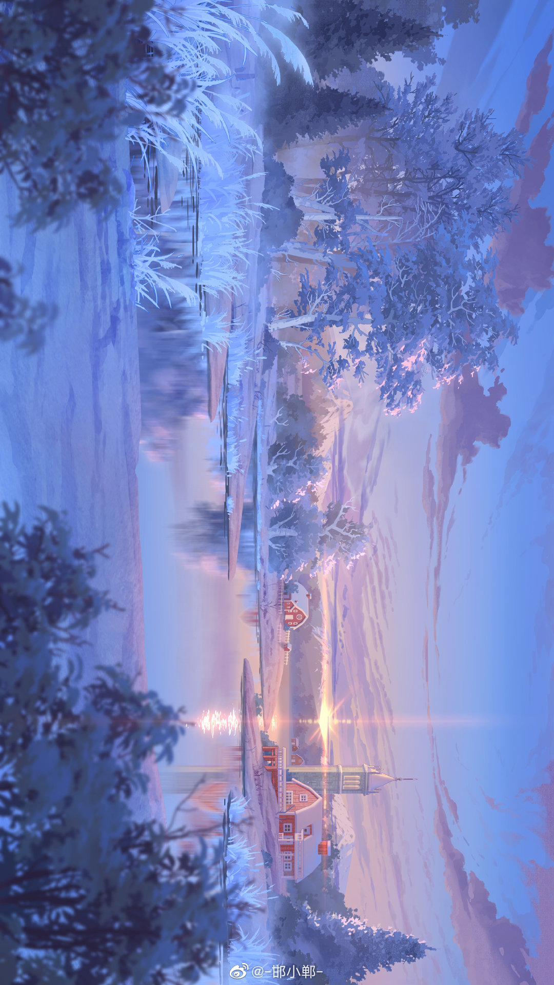 cloud foliage grass hanxiaodan highres house lovebrush_chronicles mountainous_horizon no_humans official_art outdoors reeds reflection reflective_water river riverbank scenery sideways sunrise tower tree weibo_logo weibo_username