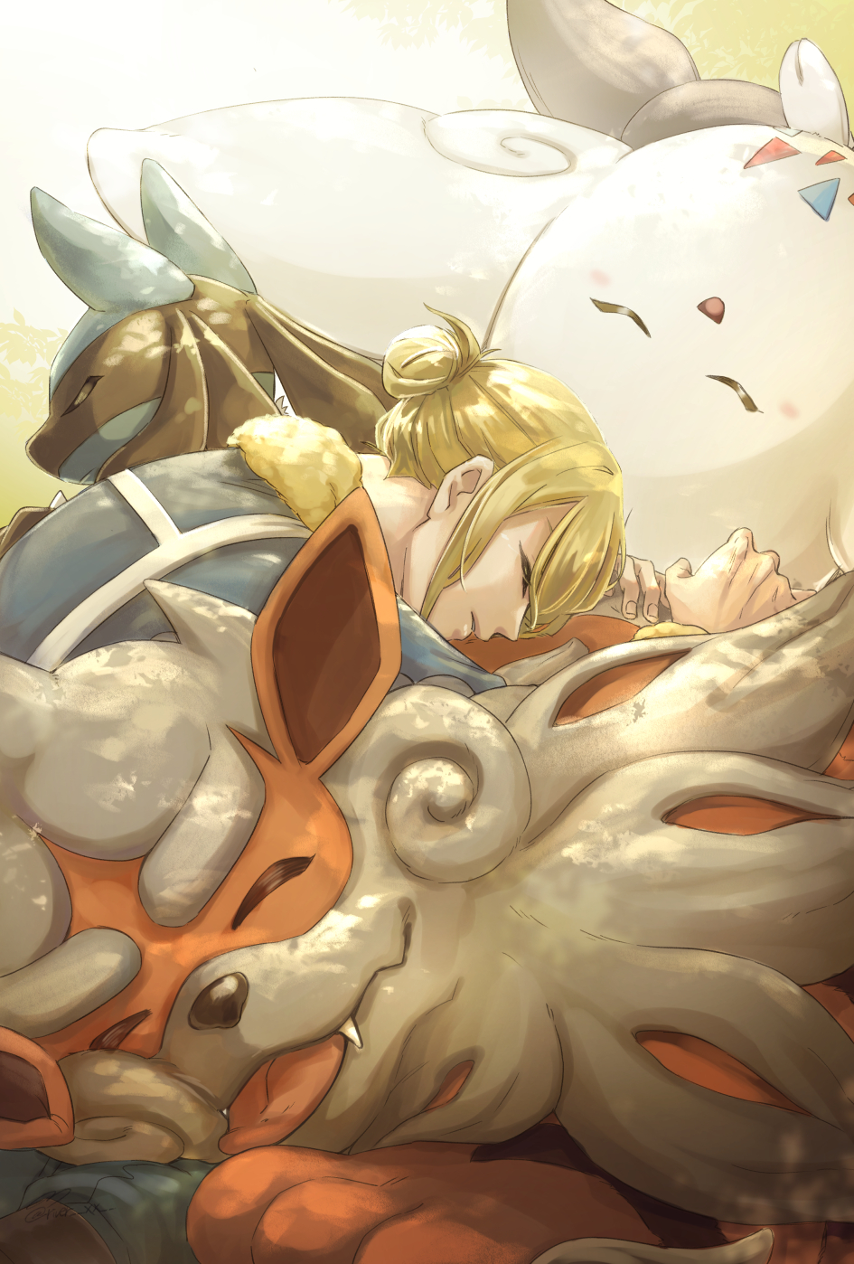 1boy a_nori affectionate blonde_hair blue_jumpsuit closed_eyes cuddling dappled_sunlight fur-trimmed_jumpsuit fur_trim ginkgo_guild_uniform hair_bun hair_over_one_eye highres hisuian_arcanine jumpsuit leaning_on_person lucario lying_on_animal male_focus pokemon pokemon_(creature) pokemon_legends:_arceus sleeping sunlight togekiss volo_(pokemon)