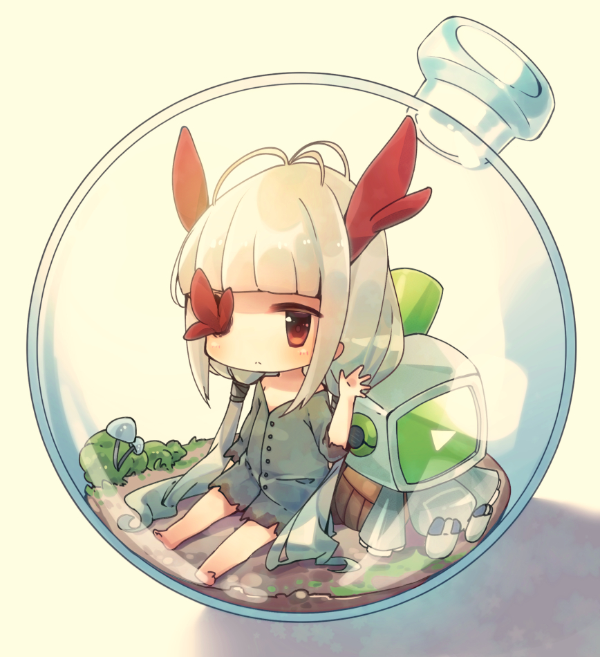 1girl barefoot black_dress blonde_hair blunt_bangs blush bottle buttons chibi closed_mouth commentary_request dirt dress full_body glass_bottle grey_hair hand_up horns in_bottle in_container long_hair looking_at_viewer low_twintails missing_eye mushroom outstretched_legs red_eyes robot robot_(void_terrarium) shadow short_dress sidelocks simple_background sitting toriko_(void_terrarium) torn_clothes torn_dress totoppo twintails very_long_hair void_terrarium white_background