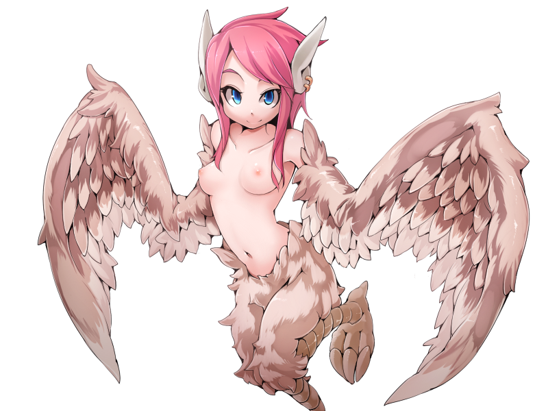 1girl bird_legs blue_eyes blush breasts brown_feathers brown_wings earrings feather_hair feathered_wings feathers frfr game_cg harpy jewelry looking_at_viewer mon-musu_quest! monster_girl multicolored_hair navel nipples non-web_source nude pink_hair reina_(mon-musu_quest!) short_hair_with_long_locks sidelocks small_breasts smile solo talons transparent_background winged_arms wings