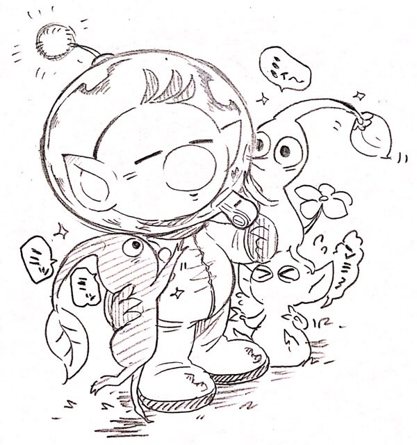 &gt;_&lt; 1boy big_nose blue_pikmin blush_stickers bud buttons closed_eyes closed_mouth commentary_request flower flying_sweatdrops full_body gloves greyscale hands_on_headwear helmet hug jumping leaf light_smile male_focus mmtora monochrome no_mouth notice_lines olimar outstretched_arm pikmin_(series) pointy_ears pointy_nose radio_antenna red_pikmin shadow short_hair simple_background single_blush_sticker sitting sitting_on_head sitting_on_person sketch space_helmet spacesuit sparkle speech_bubble very_short_hair whistle white_background yellow_pikmin