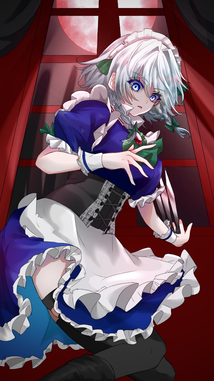 1girl 2dio9gwjal28761 apron ascot black_corset black_footwear black_thighhighs blue_dress blue_eyes boots bow braid breasts commentary_request corset dress feet_out_of_frame frilled_dress frilled_sleeves frills full_moon green_ascot green_bow grey_hair hair_between_eyes hair_bow highres holding holding_knife indoors izayoi_sakuya knife looking_at_viewer maid maid_headdress medium_bangs medium_breasts medium_hair moon night parted_lips puffy_short_sleeves puffy_sleeves red_brooch red_moon short_sleeves solo thigh_strap thighhighs throwing_knife touhou twin_braids waist_apron weapon white_apron window