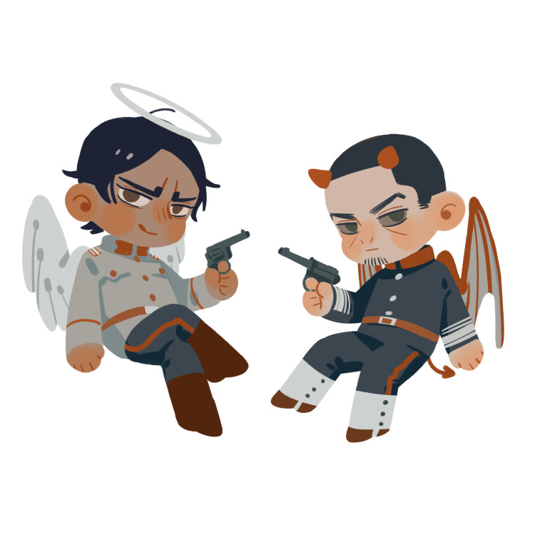 2boys angel angel_wings black_hair black_jacket boots brown_eyes brown_footwear chengongzi123 closed_mouth collared_jacket colored_sclera commentary crossed_legs dark-skinned_male dark_skin deformed demon_boy demon_horns demon_tail demon_wings feathered_wings full_body golden_kamuy green_eyes grey_footwear grey_jacket grey_sclera grey_wings gun halo hand_up handgun holding holding_gun holding_weapon horns jacket koito_otonoshin licking_lips long_sleeves looking_at_viewer male_focus military_uniform multiple_boys red_horns revolver short_hair simple_background smile symbol-only_commentary tail tongue tongue_out tsukishima_hajime uniform weapon white_background wings