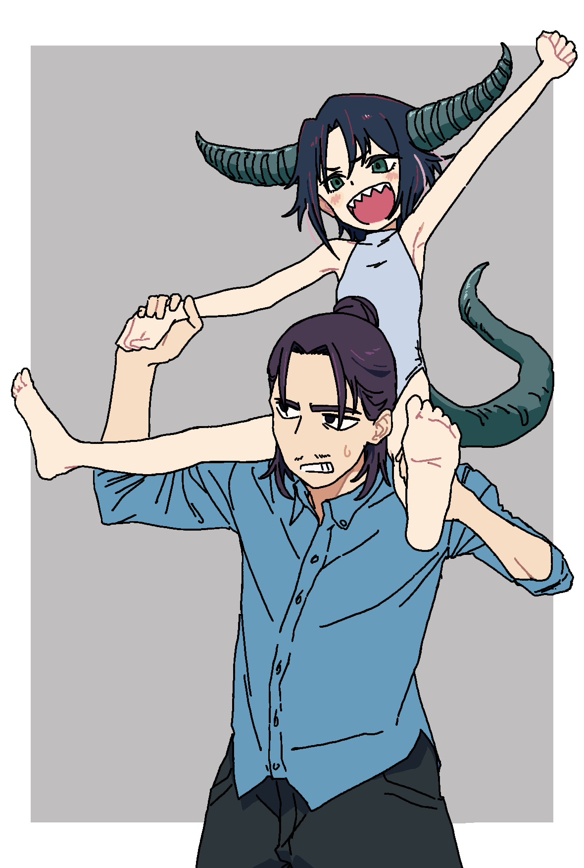 1boy 1girl arm_up barefoot black_hair blue_shirt blush carrying dragon_girl dragon_horns dragon_tail green_eyes highres holding_hands horns leotard open_mouth original osame sharp_teeth shirt short_hair shoulder_carry sketch tail teeth