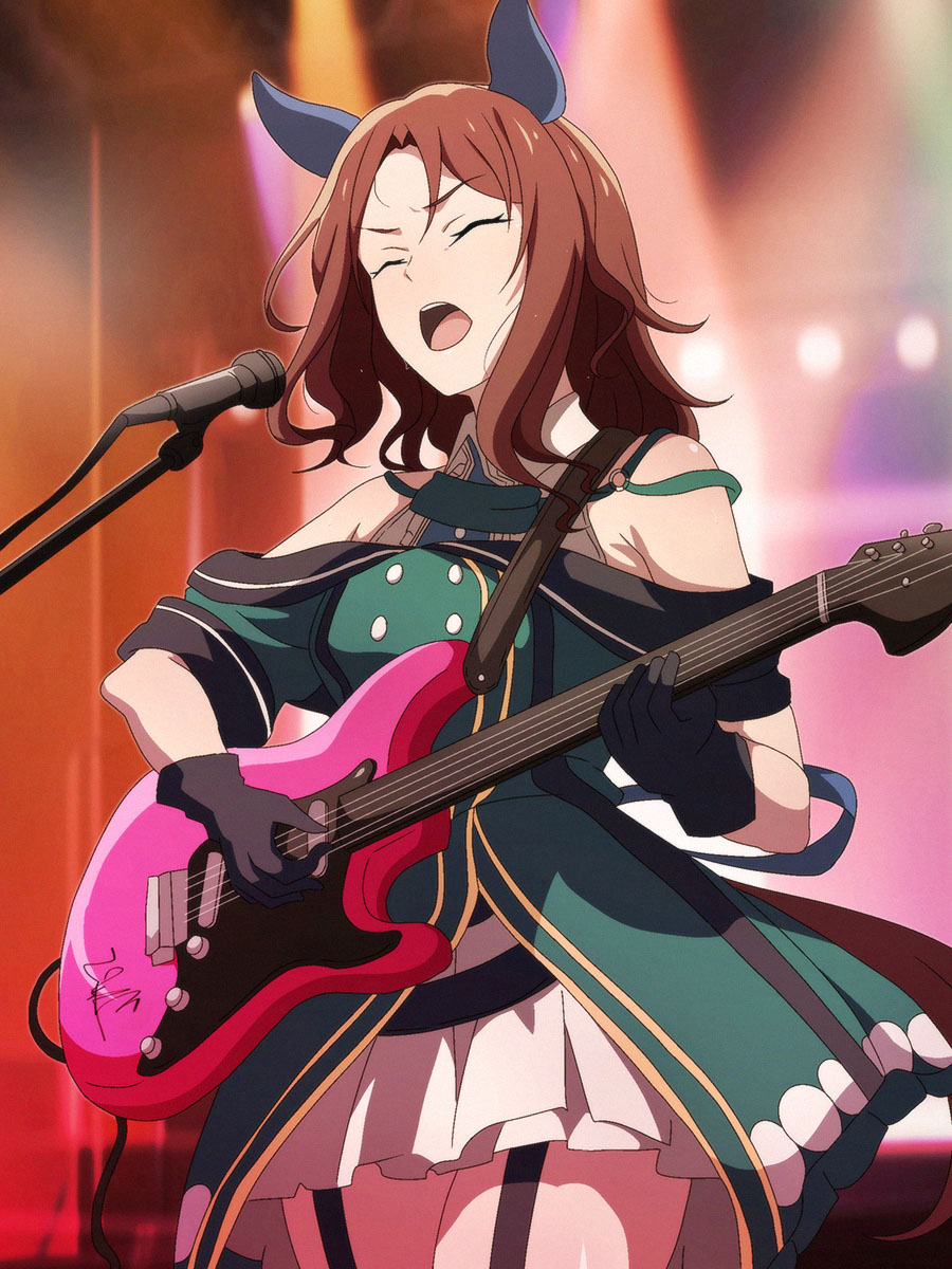 1girl animal_ears black_gloves blurry blurry_background brown_hair buttons closed_eyes cowboy_shot dress ear_covers electric_guitar frilled_dress frills garter_straps gloves green_dress guitar highres horse_ears horse_girl instrument king_halo_(umamusume) layered_dress medium_hair music open_mouth playing_guitar salmon_knight singing solo thighs umamusume