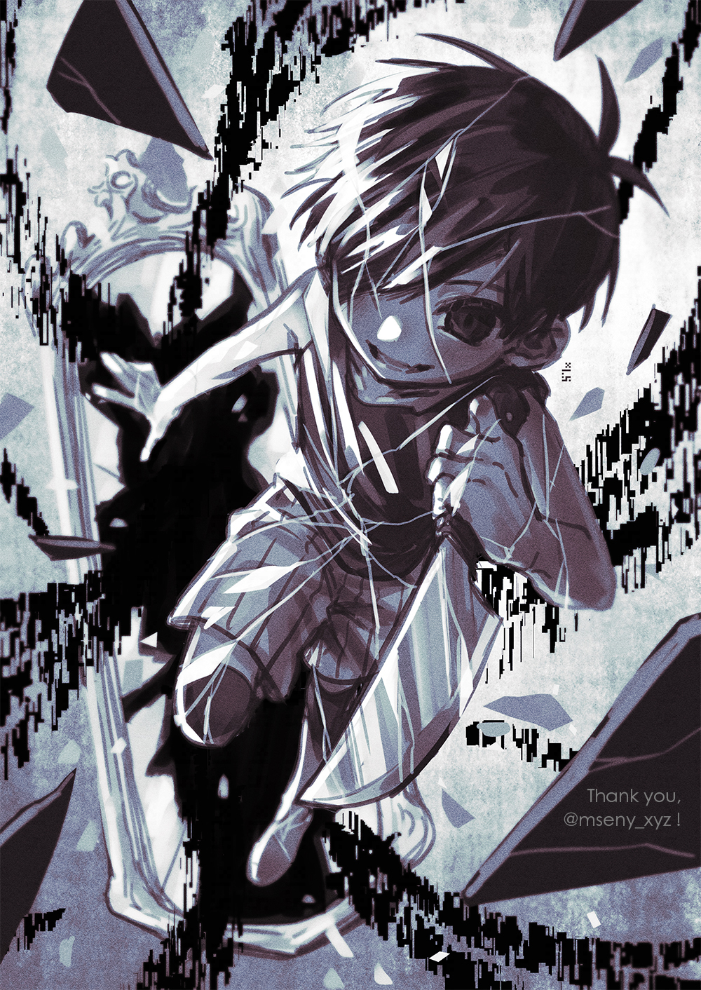 1boy antenna_hair black_eyes black_hair black_tank_top black_thighhighs broken_mirror crack cracked_skin from_above full_body glitch highres holding holding_knife knife male_focus mirror monochrome omori omori_(omori) one_eye_covered open_mouth shards short_hair shorts smile solo standing standing_on_one_leg striped_clothes striped_shorts tank_top thighhighs toastytoast white_shorts