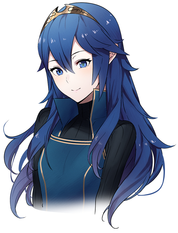 1girl ameno_(a_meno0) black_sweater blue_eyes blue_hair closed_mouth commentary_request cropped_torso fire_emblem fire_emblem_awakening hair_between_eyes long_hair long_sleeves looking_at_viewer lucina_(fire_emblem) ribbed_sweater simple_background smile solo sweater tiara turtleneck turtleneck_sweater white_background