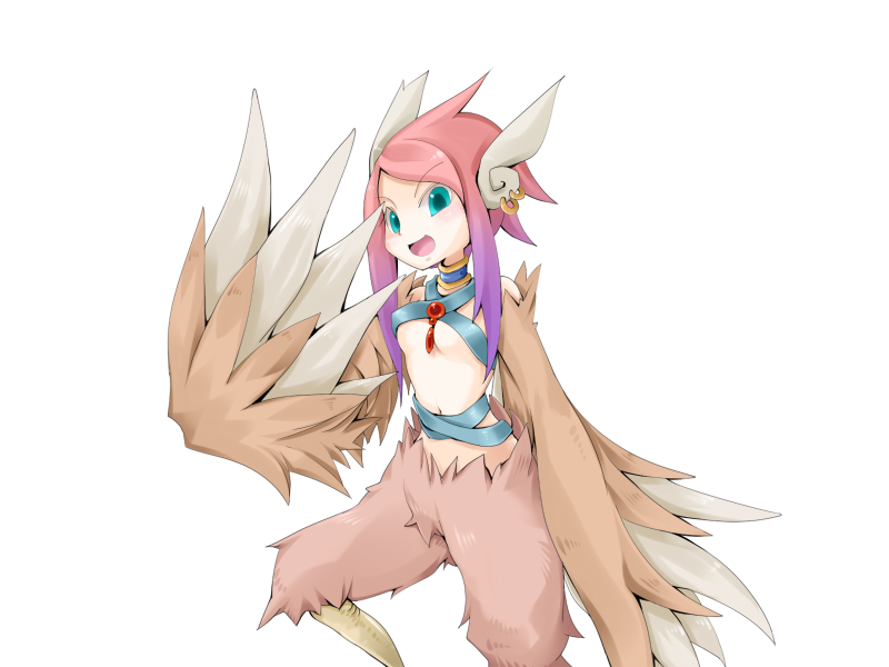 1girl bird_legs blue_choker blush breasts brown_feathers brown_wings choker earrings feather_hair feathered_wings feathers frfr game_cg gradient_hair green_eyes harpy jewelry looking_at_viewer mon-musu_quest! monster_girl multicolored_hair navel non-web_source open_mouth pink_hair purple_hair reina_(mon-musu_quest!) short_hair_with_long_locks sidelocks small_breasts solo transparent_background winged_arms wings