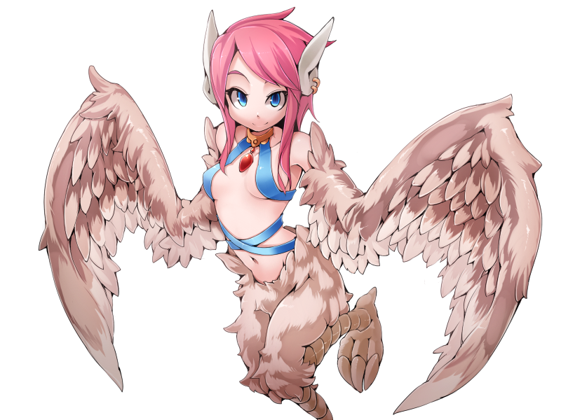 1girl bird_legs blue_eyes blush breasts brown_feathers brown_wings choker earrings feather_hair feathered_wings feathers frfr game_cg harpy jewelry looking_at_viewer mon-musu_quest! monster_girl multicolored_hair navel non-web_source pendant_choker pink_hair reina_(mon-musu_quest!) short_hair_with_long_locks sidelocks small_breasts smile solo talons transparent_background winged_arms wings