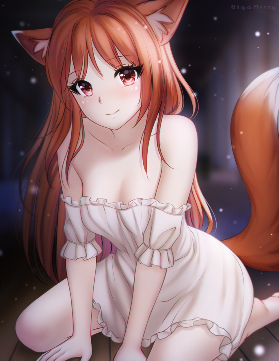 1girl animal_ears arm_support bare_shoulders barefoot breasts brown_hair cleavage dress gigamessy highres holo long_hair looking_at_viewer off-shoulder_dress off_shoulder red_eyes seiza short_dress short_sleeves sitting small_breasts smile solo spice_and_wolf tail very_long_hair white_dress wolf_ears wolf_tail