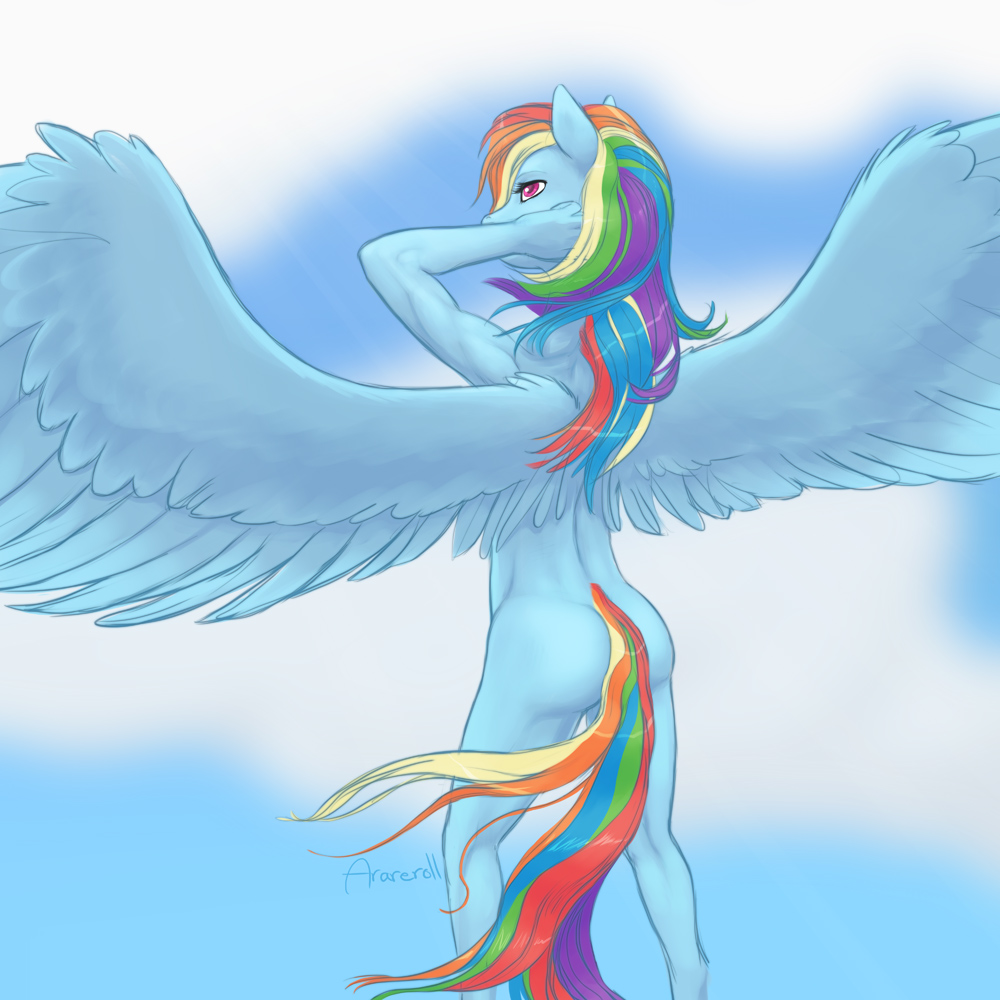 2016 anthro anthrofied arareroll cutie_mark equine feathered_wings feathers female friendship_is_magic hair long_hair mammal multicolored_hair my_little_pony nude outside pegasus rainbow_dash_(mlp) rainbow_hair solo spread_wings wings