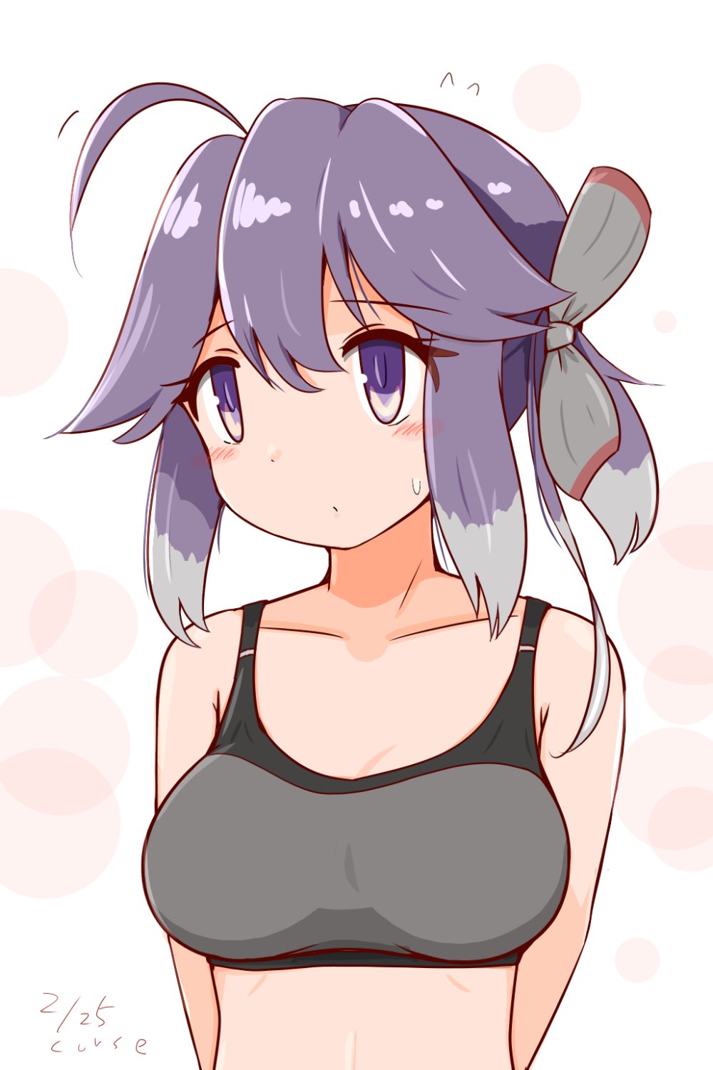 1girl ahoge arms_behind_back breasts collarbone curse_(023) gradient_hair grey_hair grey_sports_bra hair_ribbon hayanami_(kancolle) highres kantai_collection medium_breasts multicolored_hair purple_eyes ribbon short_hair simple_background solo sports_bra upper_body white_background