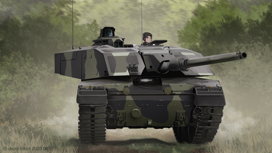 1girl artist_name blue_eyes brown_hair challenger_1 dated dead-robot grass military military_uniform military_vehicle motor_vehicle original outdoors short_hair soldier solo tank tree uniform