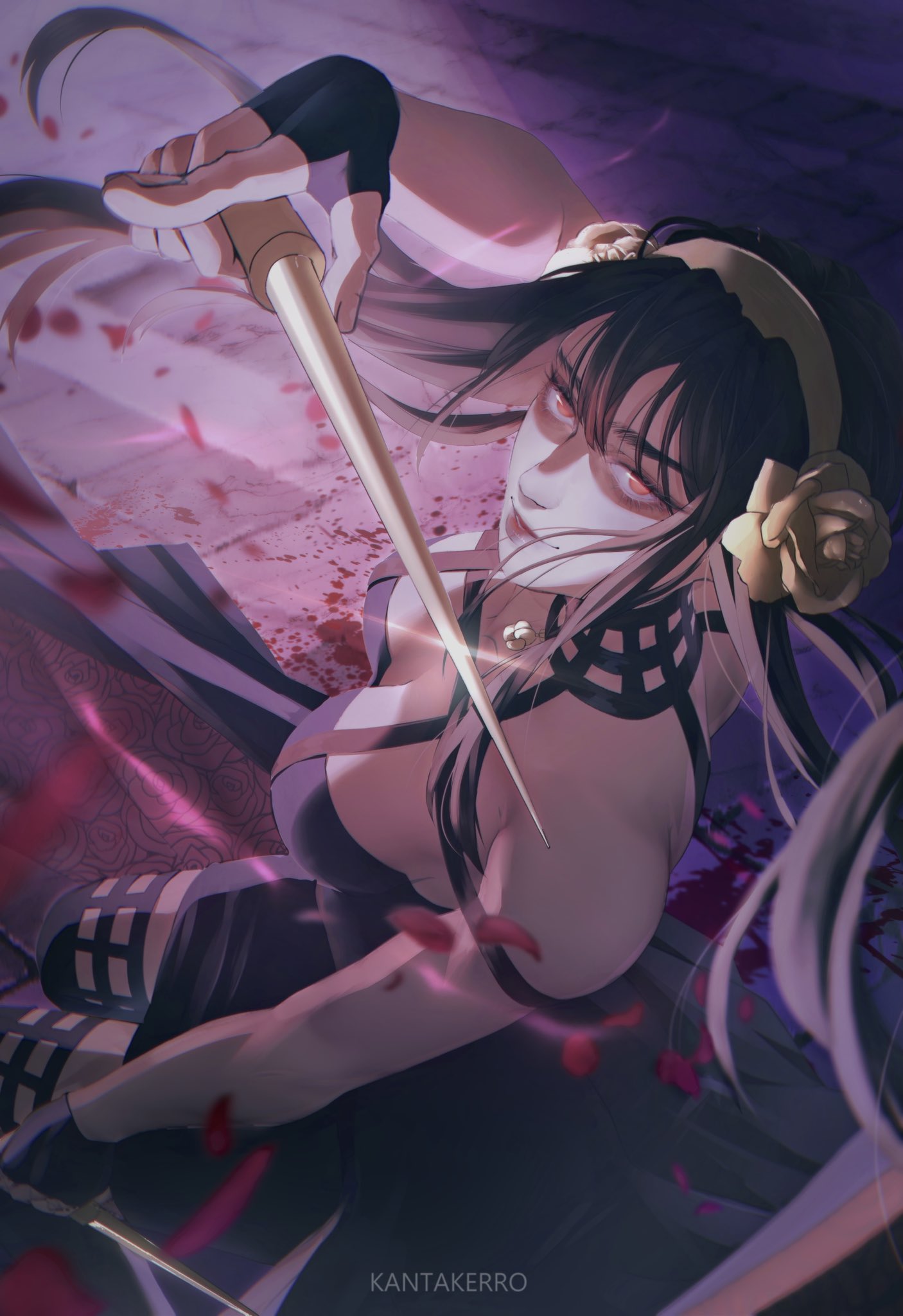 1girl black_dress black_hair black_thighhighs blood blood_on_ground blood_splatter blunt_bangs breasts cleavage dress falling_petals hair_ornament hairband highres holding holding_weapon kantakerro long_hair looking_at_viewer petals red_eyes rose_petals sidelocks solo spy_x_family thighhighs weapon yor_briar