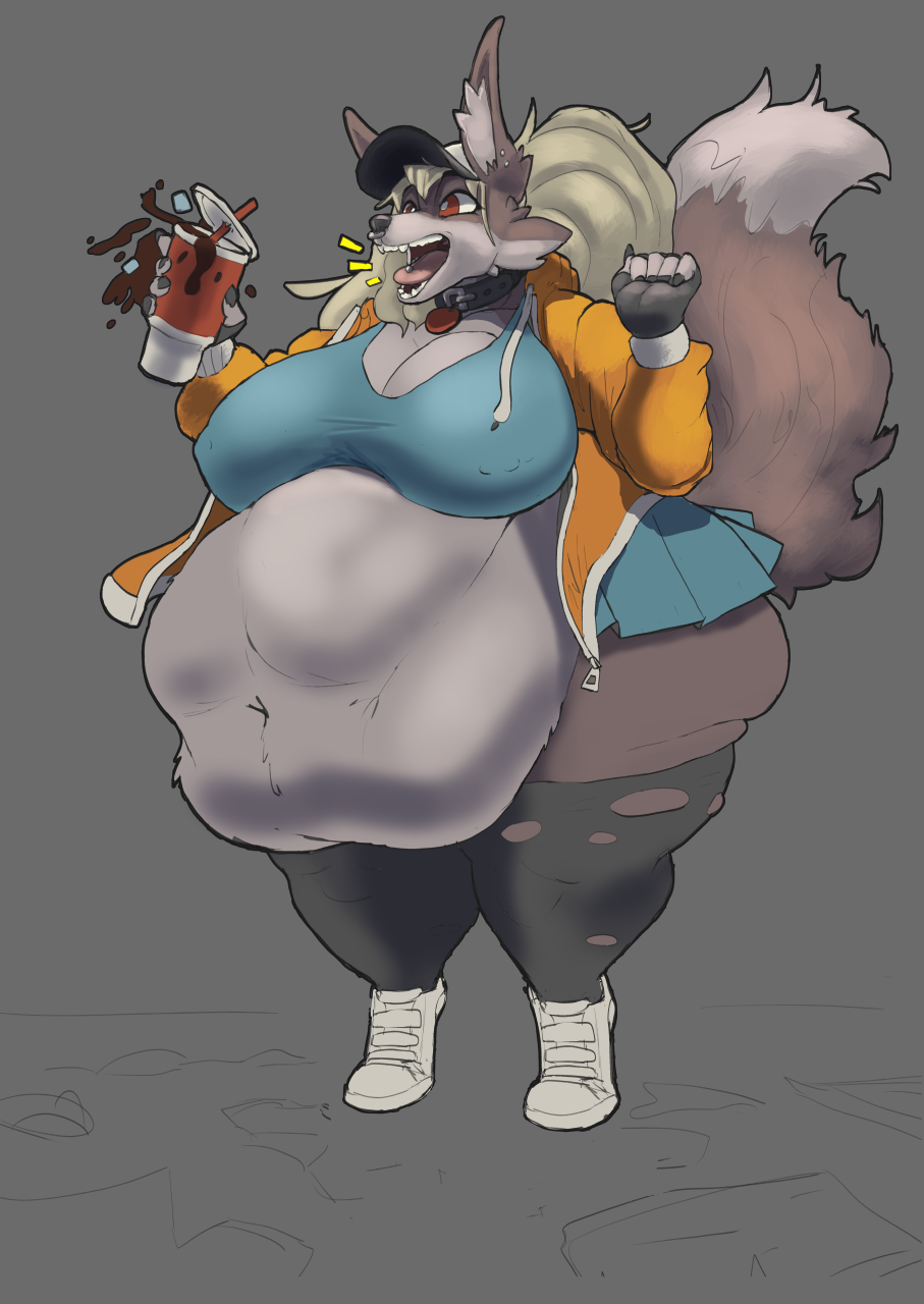 anthro anthro_pred bar_emanata baseball_cap belly big_belly big_breasts bloated bottomwear breasts burping canid canine canis cleavage clothed clothing container countershading cup digital_media_(artwork) discarded_clothing duase facial_piercing female female_pred fingerless_gloves fluffy fluffy_tail gloves hair handwear hat headgear headwear hi_res hoodie huge_belly huge_breasts huge_thighs legwear long_tail mammal midriff navel nipple_outline nose_piercing nose_ring open_clothing open_hoodie open_topwear piercing pleated_skirt ring_piercing skirt surprise tail tall_ears thick_calves thick_thighs thigh_highs topwear torn_clothing torn_legwear unseen_prey vore white_hair wide_hips wolf zinny_(duase)