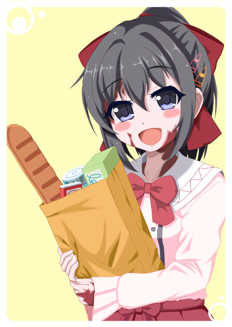 :d bag baguette black_hair blue_eyes blush_stickers bow bread burn_scar dorei_to_no_seikatsu_~teaching_feeling~ food grocery_bag hair_ornament hair_ribbon hairclip happy head_tilt looking_at_viewer open_mouth ponytail red_ribbon ribbon scar shopping_bag simple_background smile solo sylvie_(dorei_to_no_seikatsu) takahiko upper_body yellow_background