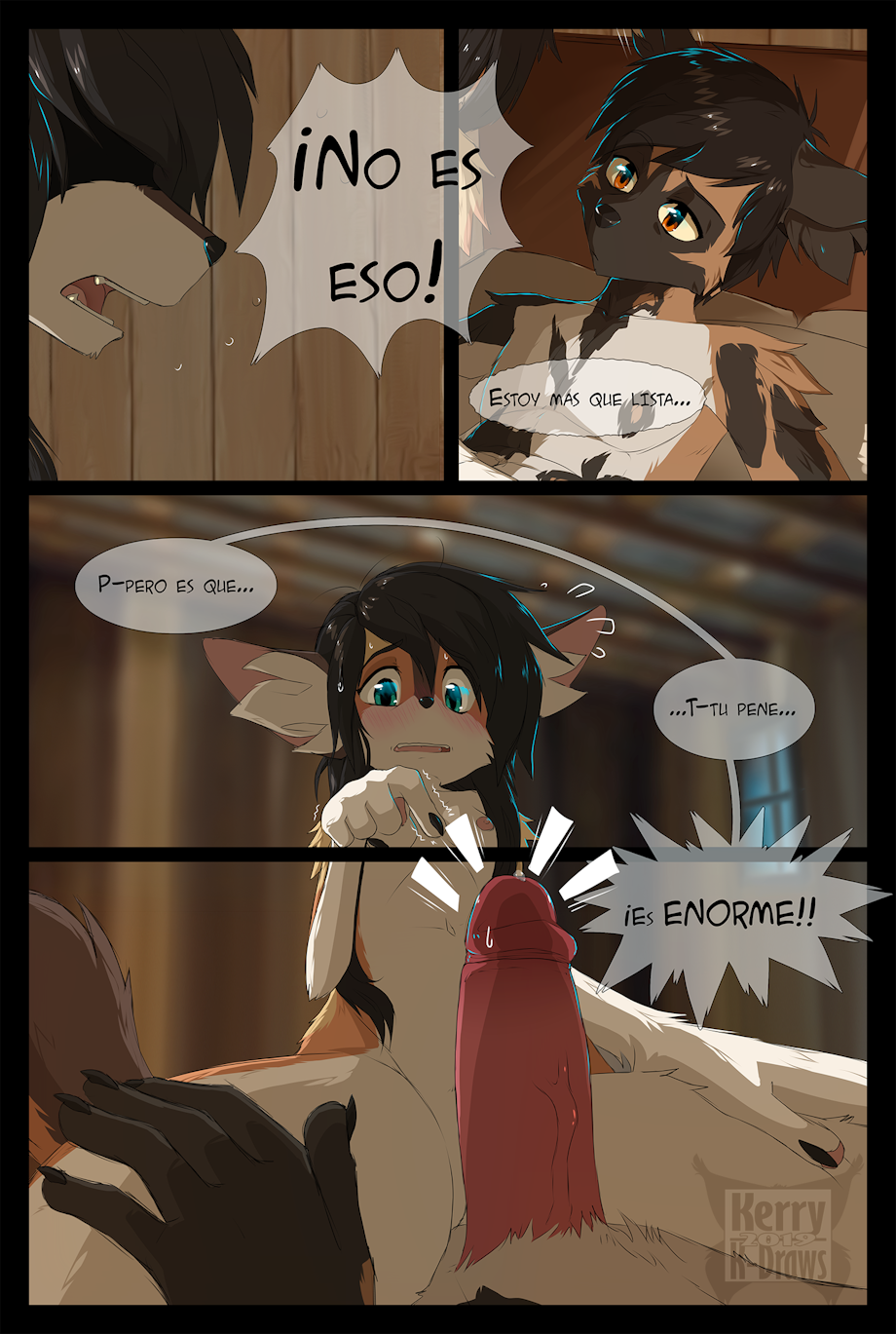 african_wild_dog breasts canine comic duo female female_male fennec fox invalid_tag k-draws kerry kerryurei lycaon_pictus male male/female mammal nipples penis shy spanish_text text virgin virginity_loss