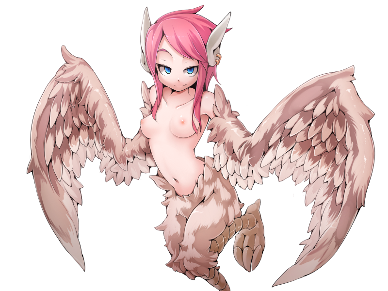 1girl bird_legs blue_eyes blush breasts brown_feathers brown_wings earrings feather_hair feathered_wings feathers frfr game_cg half-closed_eyes harpy jewelry looking_at_viewer mon-musu_quest! monster_girl multicolored_hair navel nipples non-web_source nude pink_hair reina_(mon-musu_quest!) short_hair_with_long_locks sidelocks small_breasts smile solo talons transparent_background winged_arms wings