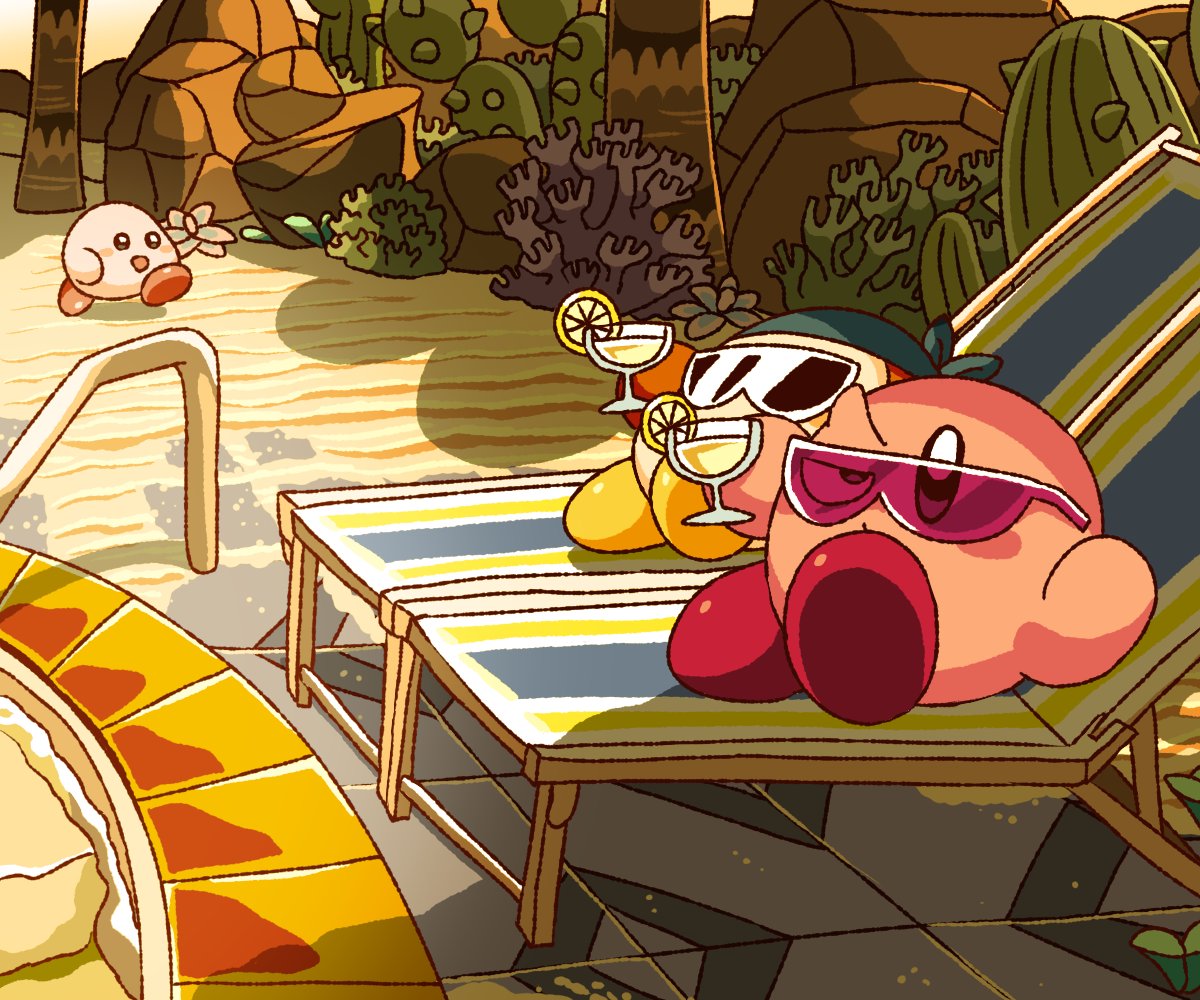 bandana bandana_waddle_dee batamon beach_chair blue_bandana blush_stickers cactus colored_skin cup food fruit holding holding_cup in-universe_location kirby kirby's_dream_land_3 kirby_(series) kirby_and_the_forgotten_land lemon lemon_slice looking_at_viewer no_humans palm_tree pink_skin pool sand sunglasses tree yutakunatu