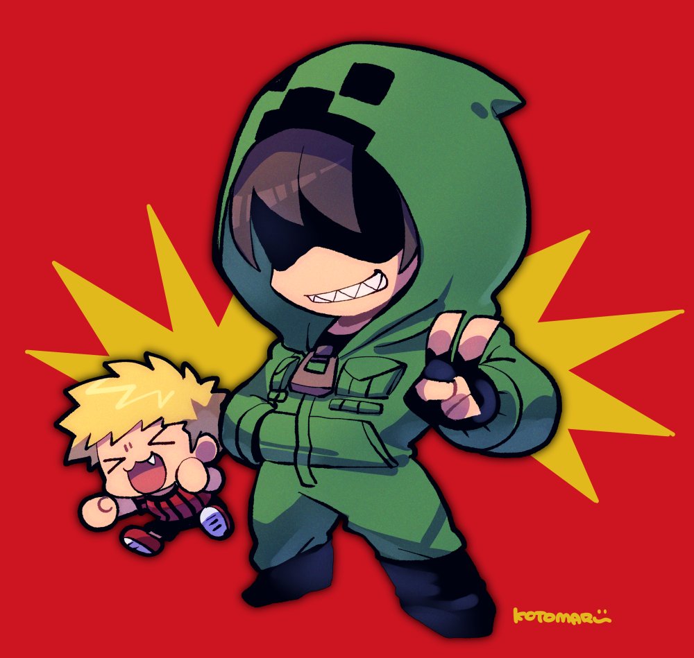 &gt;_&lt; 2boys :3 black_gloves black_shorts blonde_hair chibi chibi_only commentary fang full_body gloves hand_in_pocket hood hood_up koneshima kotorai marumaru_no_shuyaku_wa_wareware_da! multiple_boys open_mouth red_background red_footwear red_shirt shaded_face sharp_teeth shirt shoes shorts signature striped_clothes striped_shirt symbol-only_commentary teeth v zipper_pull_tab zom