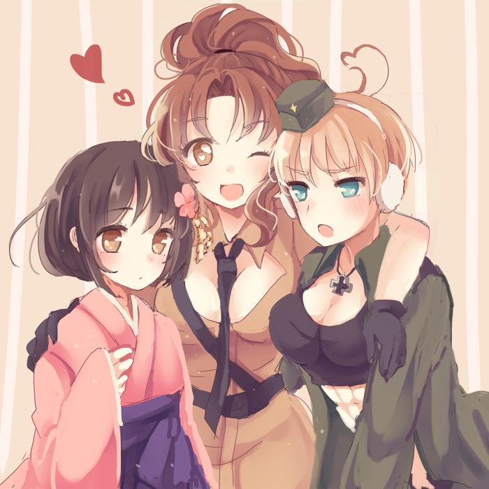 3girls abs axis_powers_hetalia between_breasts black_necktie black_shirt blonde_hair blue_eyes breasts brown_eyes brown_hair brown_jacket cleavage_cutout clothing_cutout cross genderswap genderswap_(mtf) germany_(hetalia) green_hat green_jacket heart heart_in_eye iron_cross jacket japan_(hetalia) japanese_clothes karunabaru kimono large_breasts multiple_girls necktie necktie_between_breasts northern_italy_(hetalia) one_eye_closed open_mouth pink_kimono shirt short_hair symbol_in_eye wide_sleeves