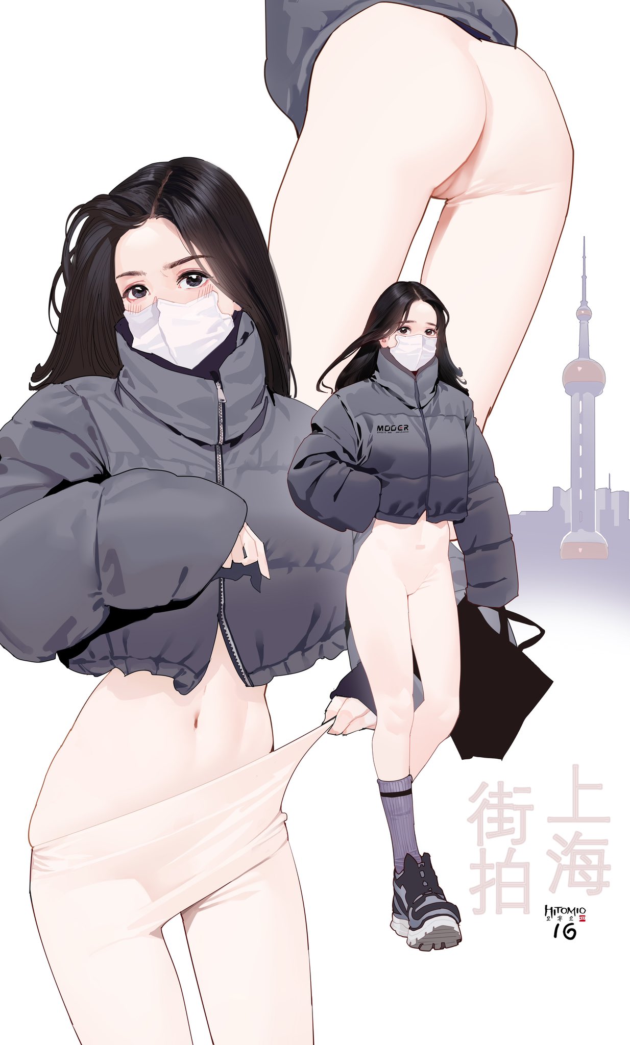 1girl ass black_eyes black_hair building coat commentary_request full_body grey_jacket highres hitomi_o jacket leggings long_hair long_sleeves lower_body mask mouth_mask multiple_views navel original puffy_long_sleeves puffy_sleeves ribbed_socks simple_background skin_tight skindentation sleeves_past_wrists standing stomach translation_request white_background white_leggings white_mask winter_clothes winter_coat
