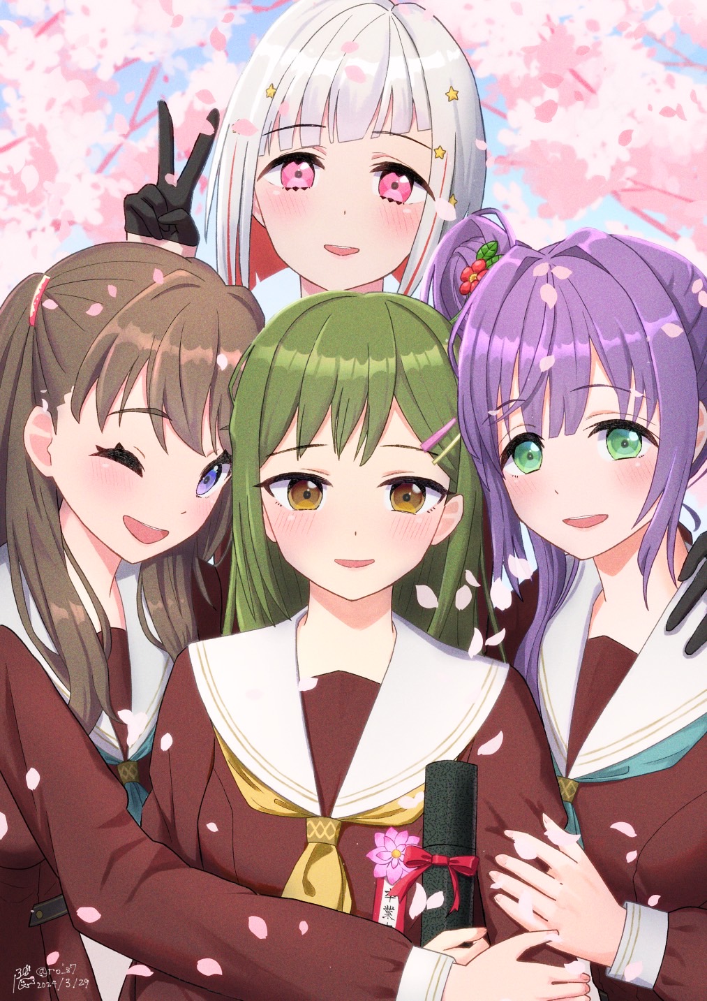 4girls :d ;d aqua_neckerchief behind_another black_gloves bob_cut brown_dress brown_eyes brown_hair cherry_blossoms colored_inner_hair commentary_request dated diagonal_bangs dress falling_petals film_grain flower flower_pin fujishima_megumi gloves graduation green_eyes group_picture hair_bun hair_flower hair_ornament half_gloves hampem7 hand_on_another's_arm hand_on_another's_shoulder hasu_no_sora_school_uniform highres holding hug inverted_bob link!_like!_love_live! lone_nape_hair long_hair long_sleeves looking_at_viewer love_live! multicolored_hair multiple_girls neckerchief one_eye_closed oogami_sachi open_mouth otomune_kozue petals pink_flower pink_petals purple_eyes purple_hair red_eyes red_flower red_hair sailor_collar sailor_dress school_uniform short_hair side_ponytail sidelocks signature single_side_bun smile star_(symbol) star_hair_ornament streaked_hair swept_bangs teeth tube twitter_username two_side_up upper_body upper_teeth_only v virtual_youtuber white_hair white_sailor_collar winter_uniform yellow_neckerchief yugiri_tsuzuri