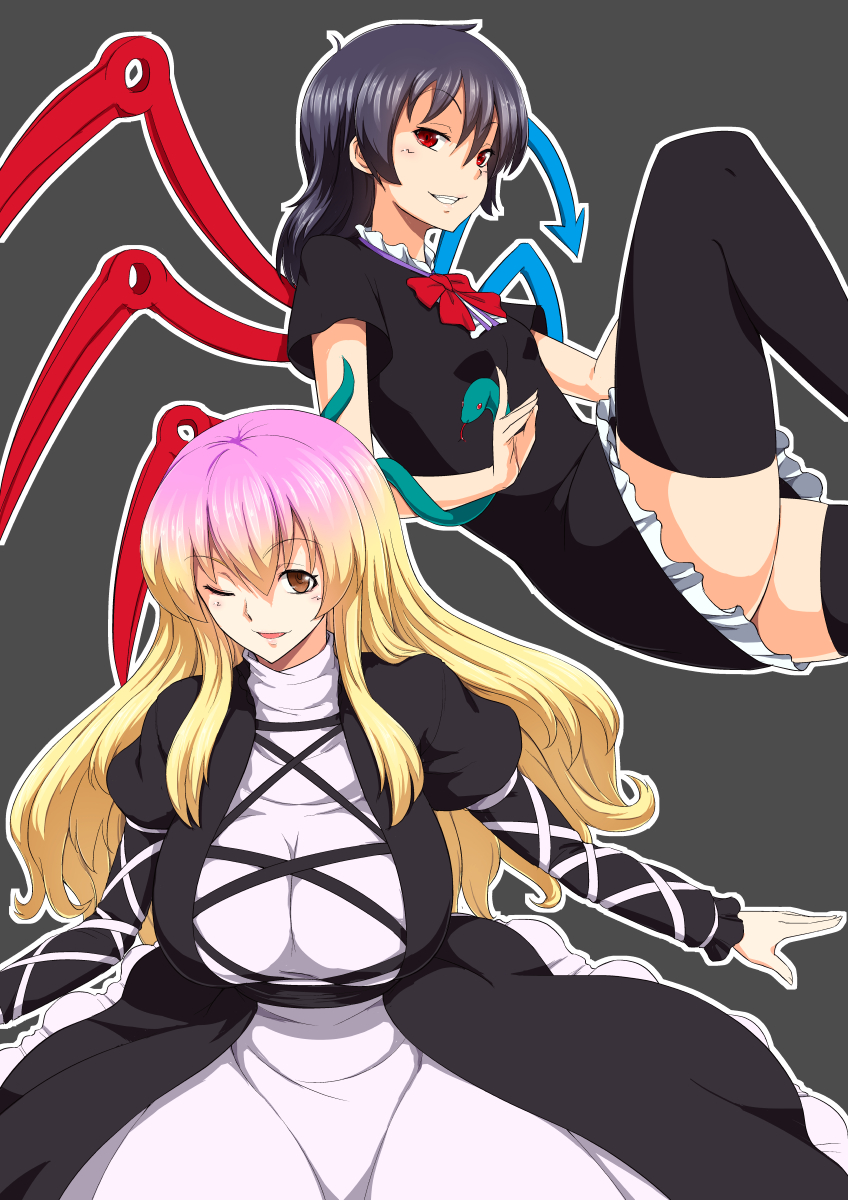 2girls :d ;d asymmetrical_wings black_background black_dress black_hair black_thighhighs blonde_hair blue_wings bow bowtie breasts center_frills commentary cross-laced_clothes dress frilled_dress frills gradient_hair highres hijiri_byakuren houjuu_nue juliet_sleeves kakone large_breasts long_sleeves medium_hair multicolored_hair multiple_girls one_eye_closed outline puffy_sleeves purple_hair red_bow red_bowtie red_eyes red_wings sidelocks simple_background smile snake_armband thighhighs touhou white_outline wings